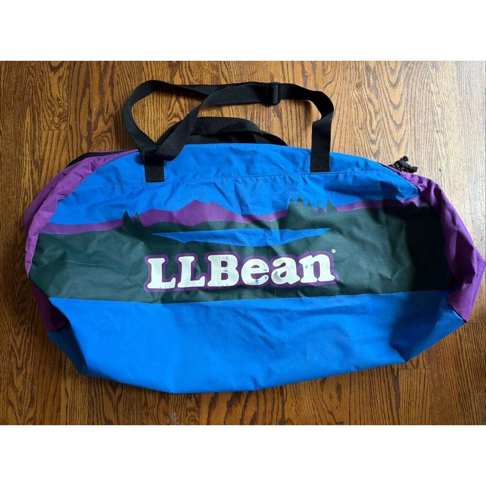 Vintage LL BEAN Duffle Bag W/ Sunrise Mountain Logo Blue Purple Large Camp Large
